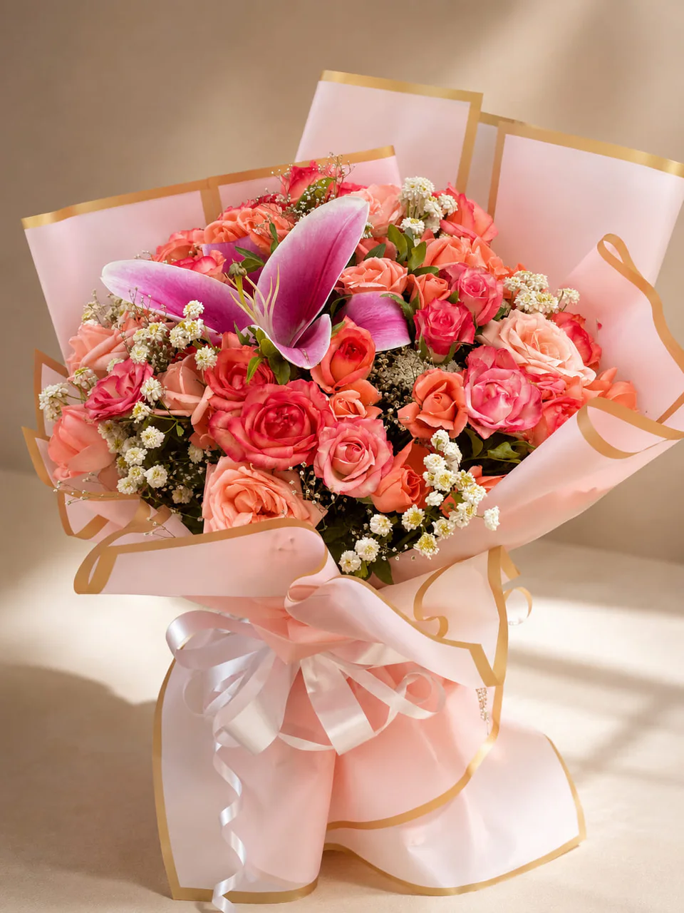 Florea pink rose and lily bouquet with blush wrapping in Casablanca