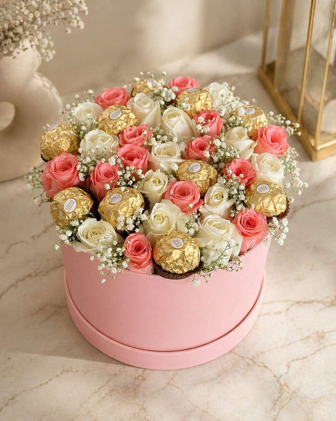 Bloom Couture roses and chocolate hatbox in Marrakesh