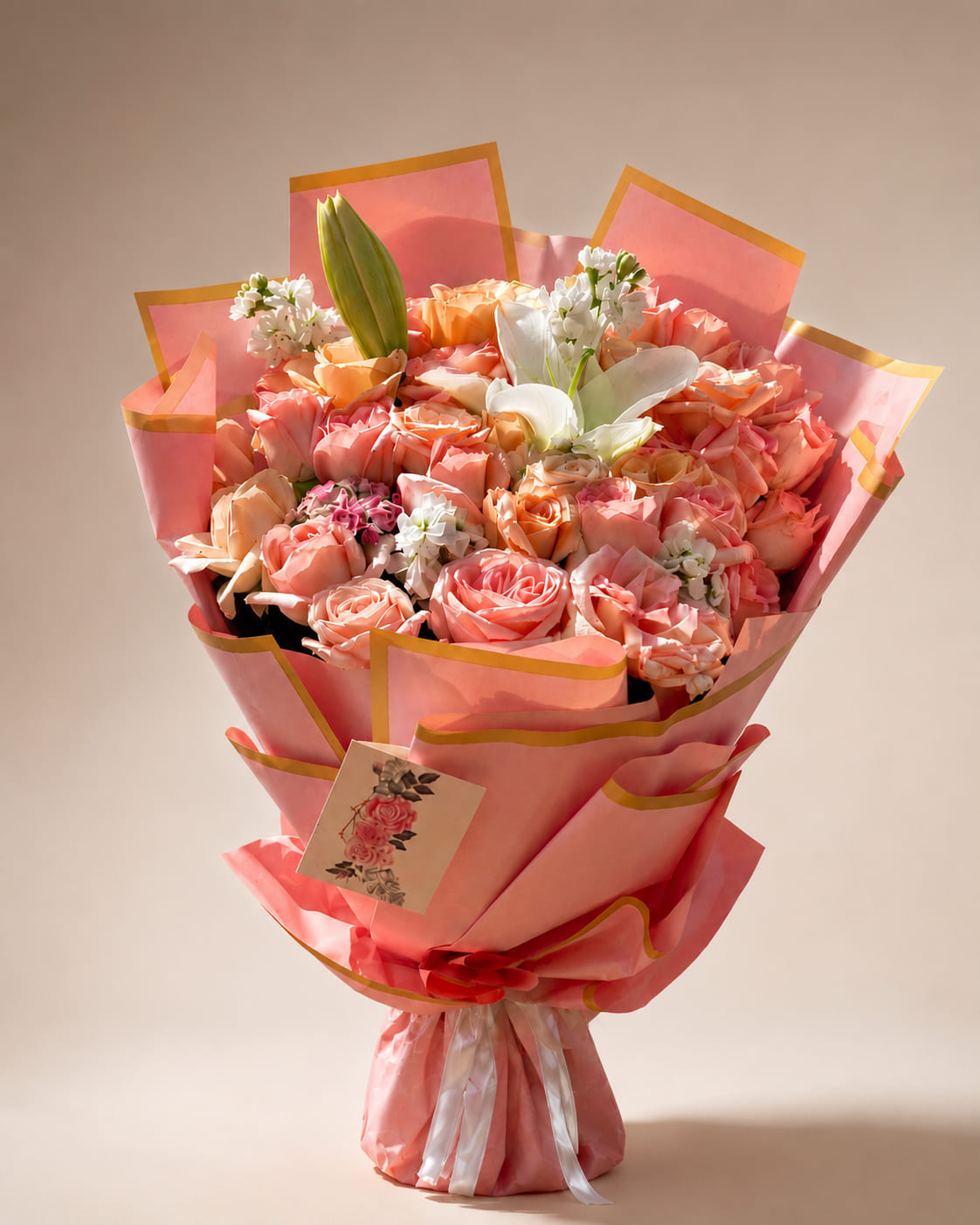 Pink Dor peach and blush rose bouquet in Rabat