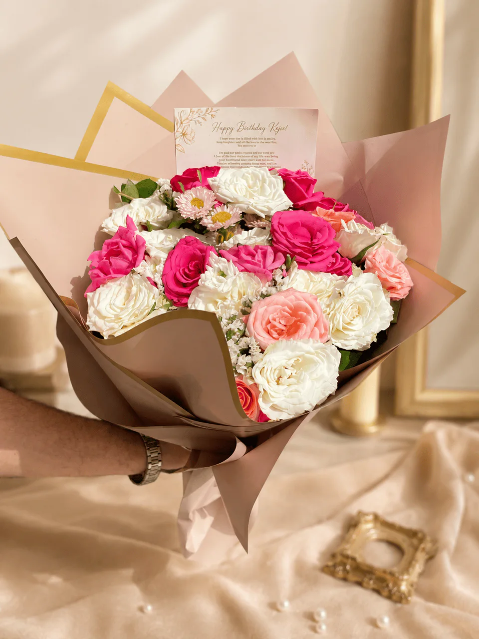 Birthday Blush pink and white flower bouquet in Tangier