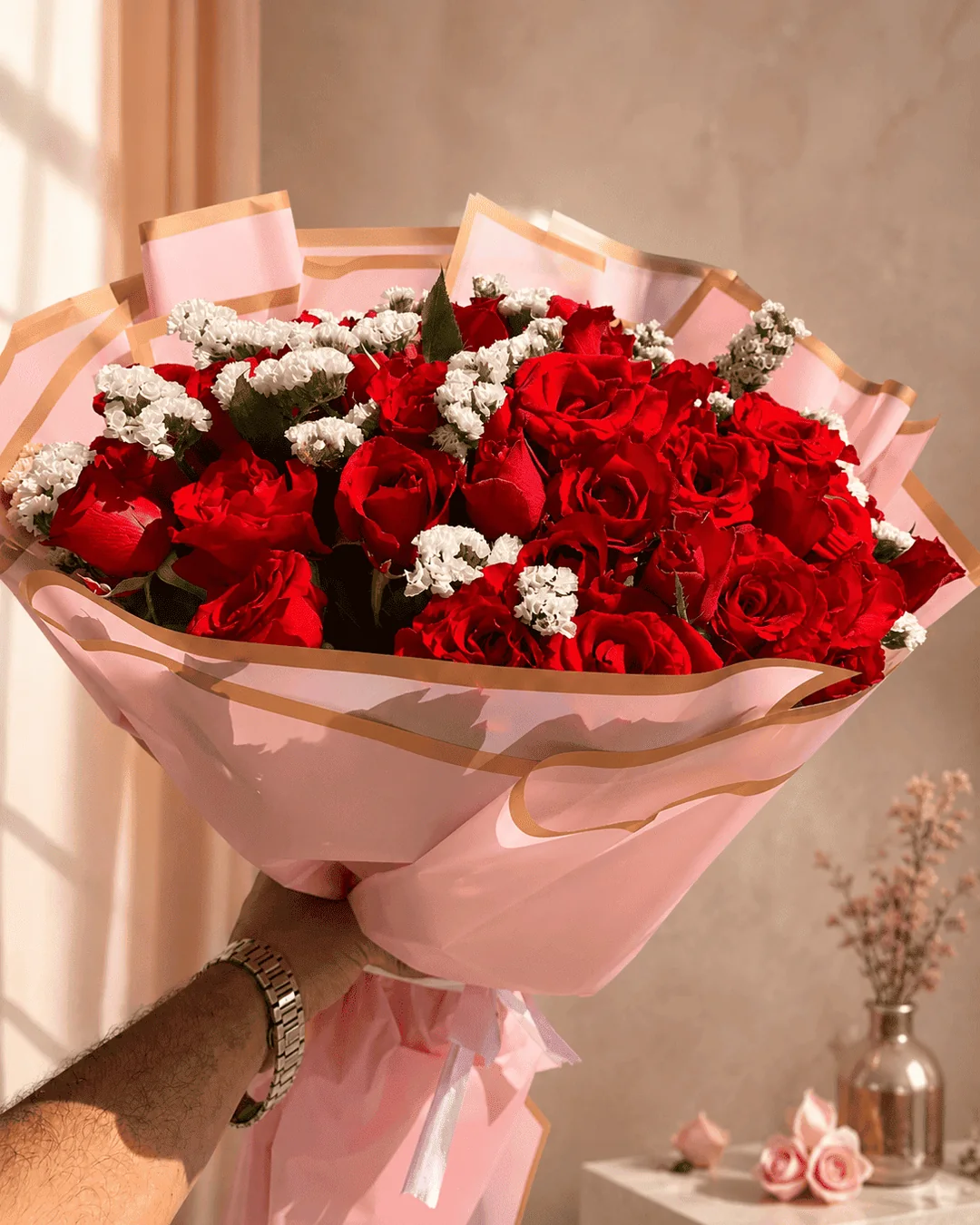 Scarlet Blush red rose bouquet in pink wrapping in Tangier